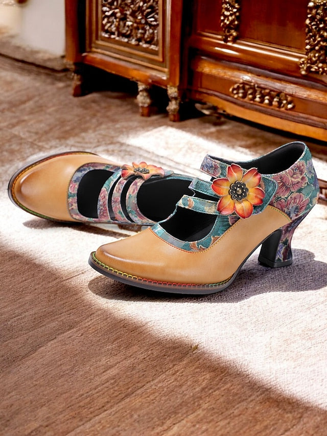 Floral Women's Leather Mary – Jane Vintage Heels 1930s FashionChic