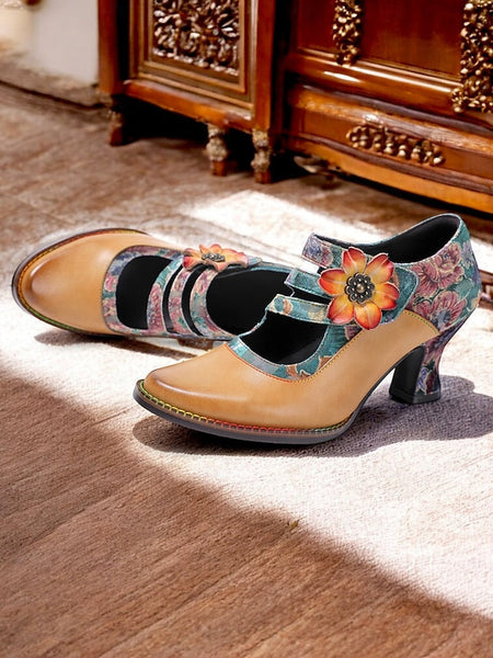 Floral Women's Leather Mary – Jane Vintage Heels 1930s FashionChic