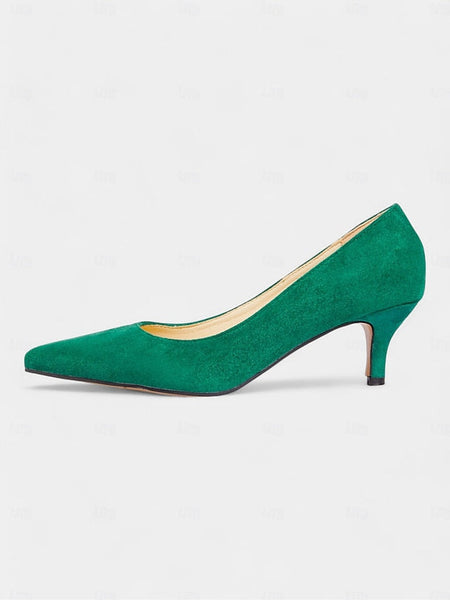 Pointed-Toe Suede Pumps Emerald Kitten with Green Women's FashionChic