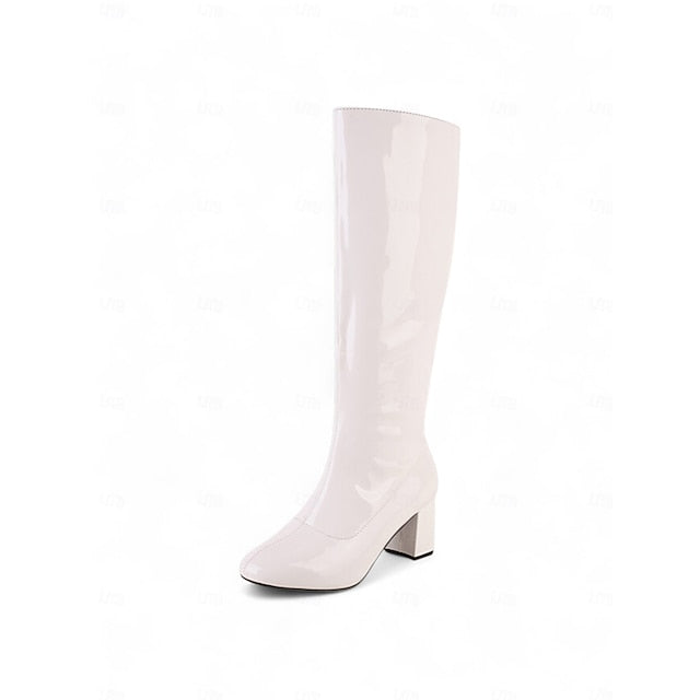 Leather Patent Block with Heel High Red Women's Boots Knee FashionChic