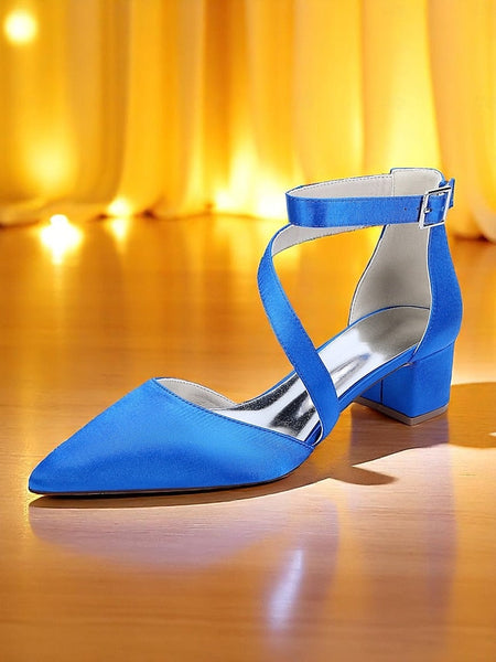 Women's Champagne Pointed Block Heels Satin Toe - FashionChic