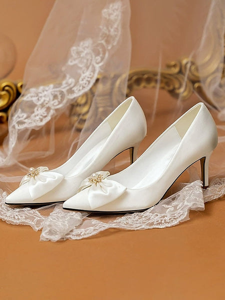 Women's Satin Bow Chic Pointed Pumps – Toe Wedding FashionChic