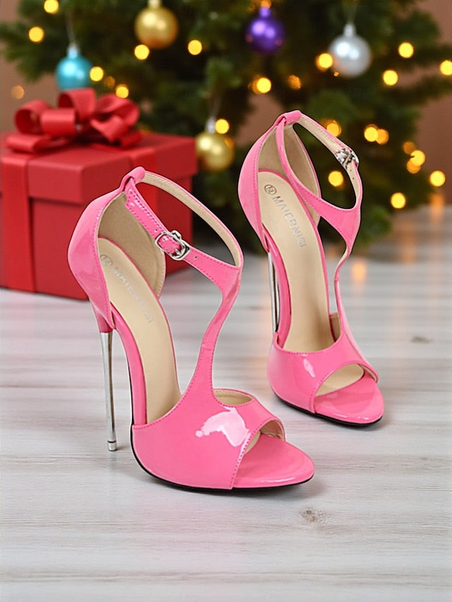 Women's Strappy Red Open Stiletto Heels Leather - Patent FashionChic