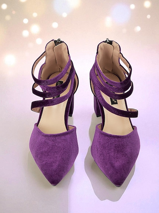 Block Heel Pumps Blue with Women's Velvet Toe Pointed FashionChic