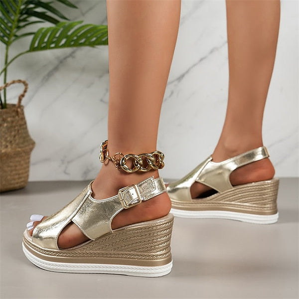 Sandals Metallic Wedge Buckle Women's with Open-Toe Silver FashionChic