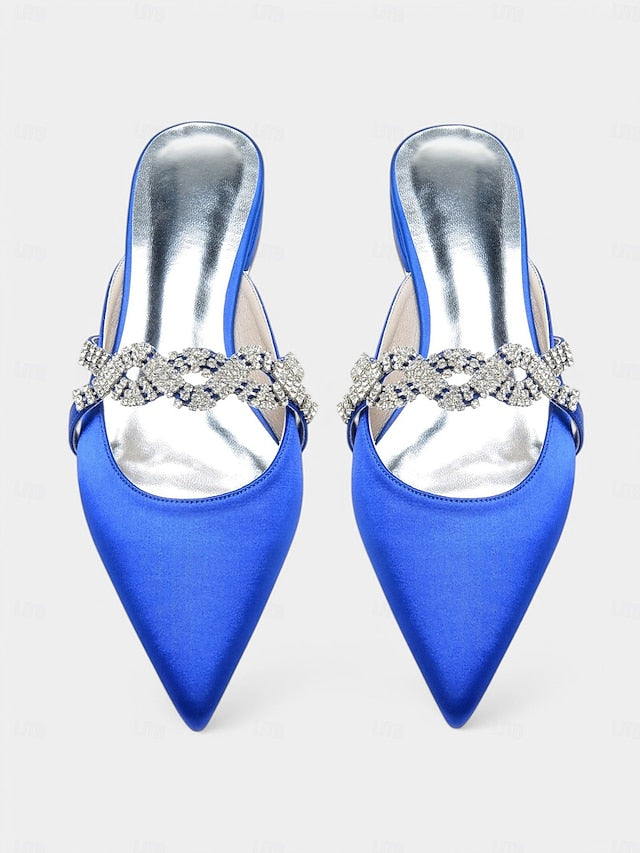 Satin - Pointed-Toe Rhinestone Detailing Blue with Heels Mule FashionChic