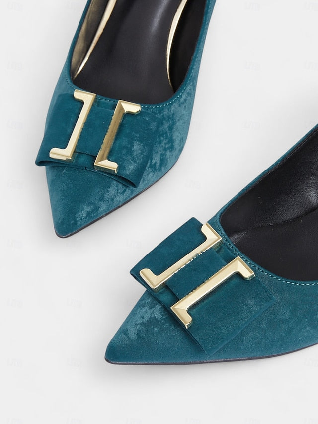 Teal Elegant Pointed - Heel Women's Pumps Toe Velvet Kitten FashionChic