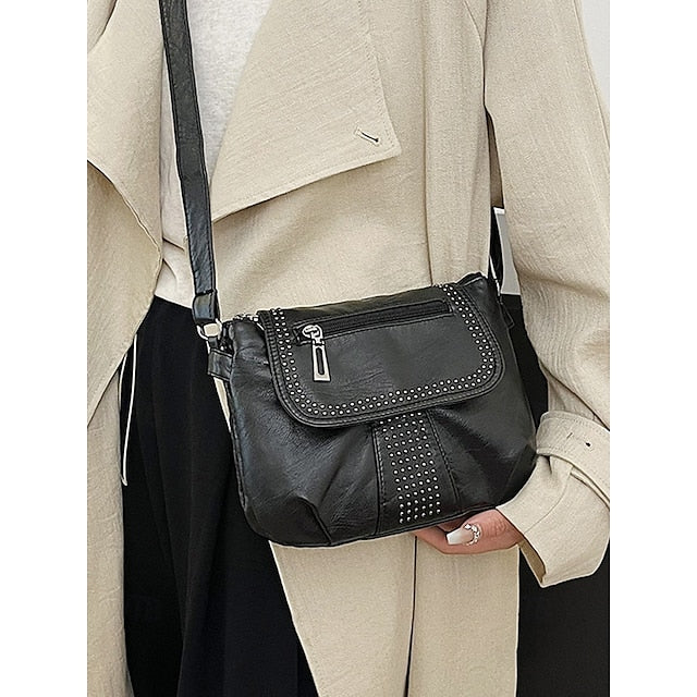 with Faux Bag Women's Leather Brown Crossbody Studded FashionChic