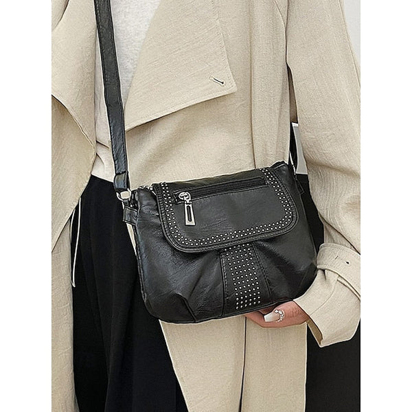 with Faux Bag Women's Leather Brown Crossbody Studded FashionChic