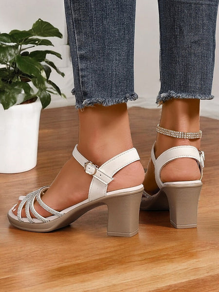 - Strappy with Comfortable Block Rhinestones Heel Black Sandals FashionChic