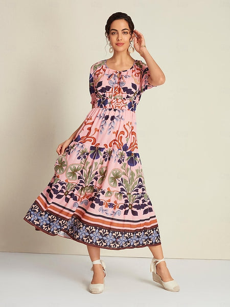 Floral Lace Up Elegant Short Sleeve Midi Dress