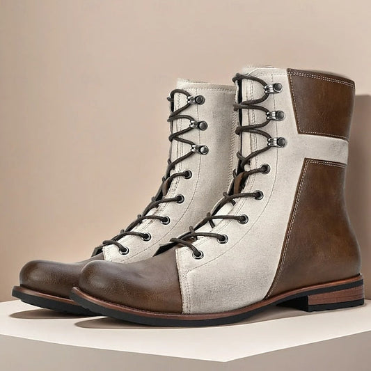 Faux Leather Lace-Up Men's Vintage Mid-Calf Boots Two-Tone FashionChic