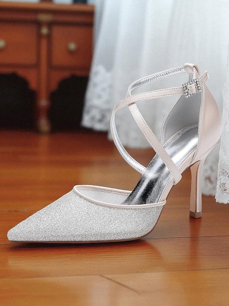 Women's Strap Ankle Silver Heels Elegant - Glitter Stiletto FashionChic