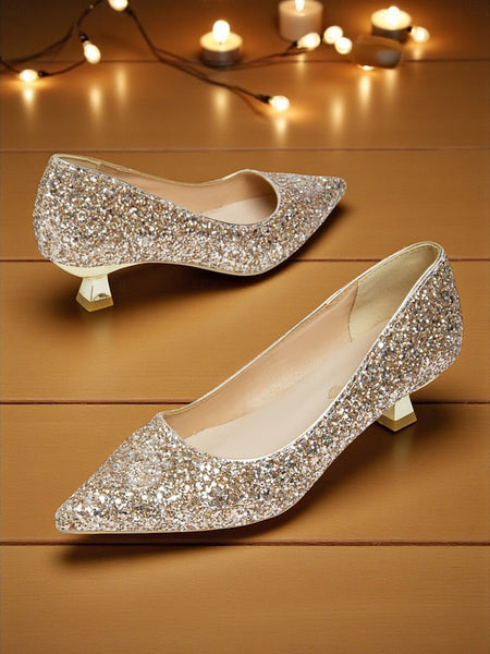 Pumps Glitter Low Toe Pointed Heel Women's Sparkly - FashionChic