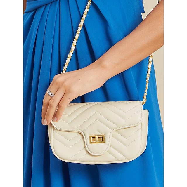 Leather Bag Women's White Crossbody with Gold Elegant Chain FashionChic
