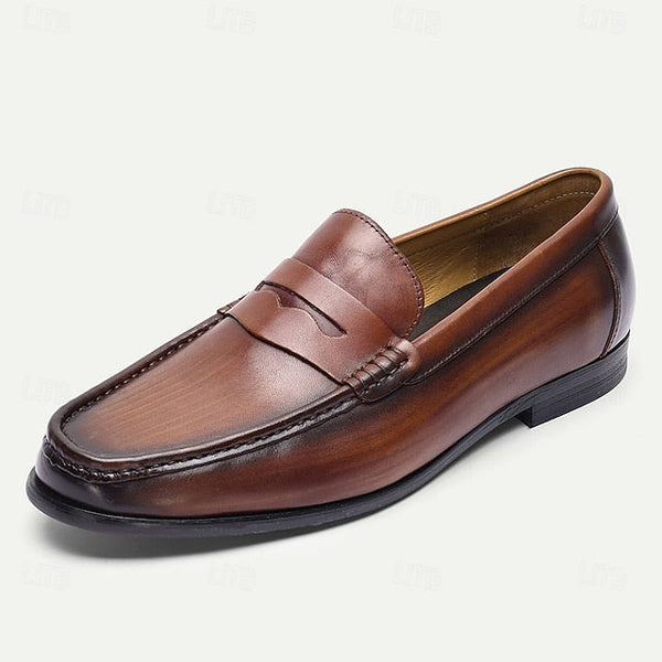 Leather Shoes Brown Loafers Slip-On Penny with Men's FashionChic