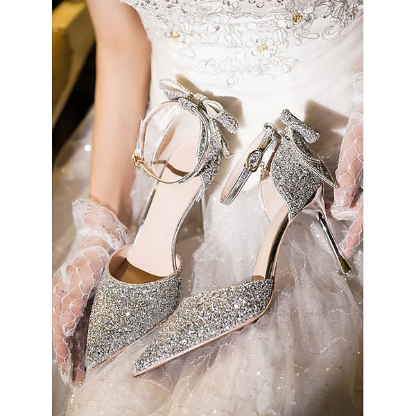 Glitter Bow Sparkly Heels - Pointed Women's Toe Silver FashionChic