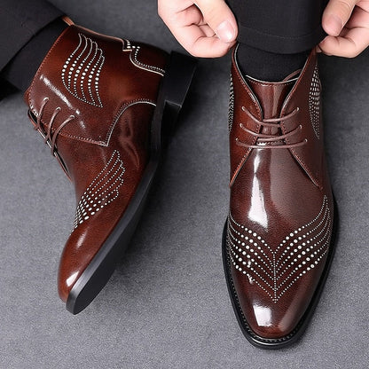 Wingtip Glossy Brogue Burgundy Leather Men's Ankle Faux FashionChic