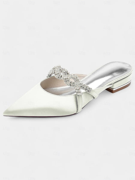 Satin - Pointed-Toe Rhinestone Detailing Blue with Heels Mule FashionChic