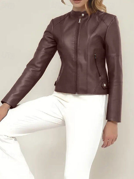 Comfortable Zipper Leather Faux Pocket Women's Jacket FashionChic