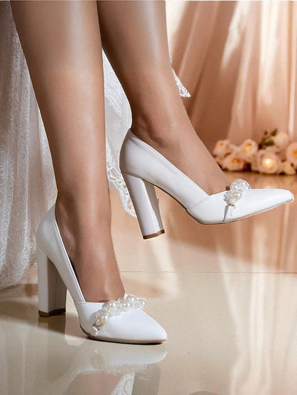 Decor Pearl Heel Pumps Block White Women's FashionChic