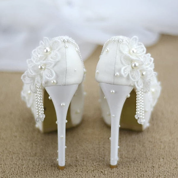 Wedding Platform White with Lace Floral Heels Women's FashionChic