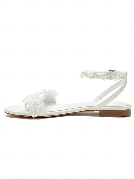 Block Flats Straps Ankle Sandals with Open-Toe Floral White Lace FashionChic