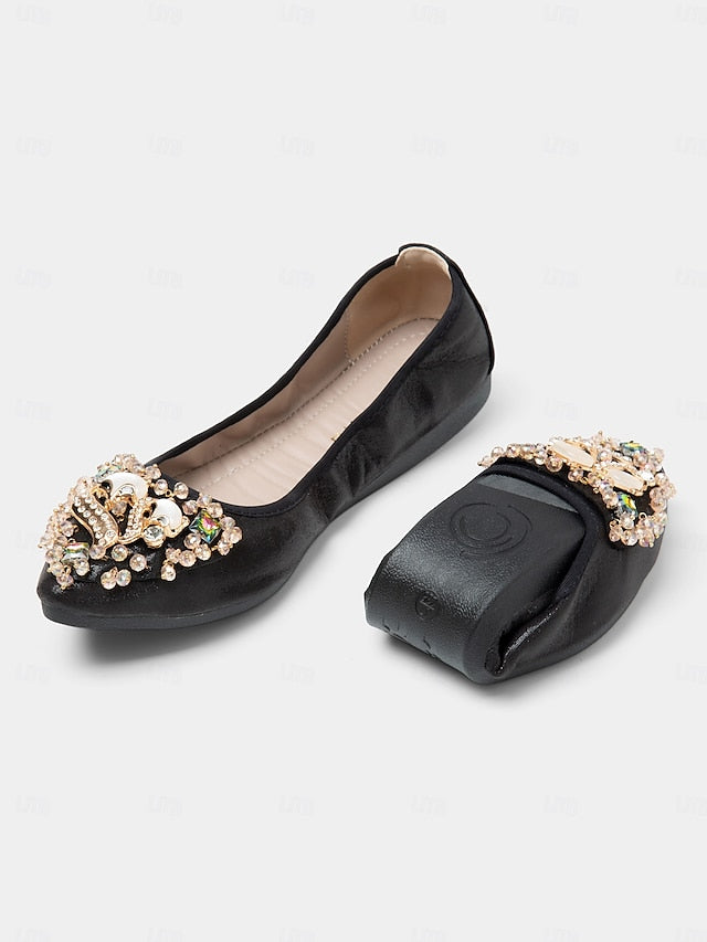 Women's with Black Flats Ballet Rhinestone Foldable FashionChic