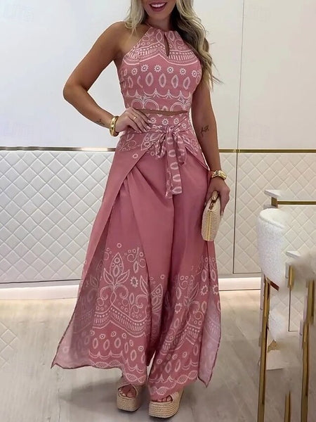 Women's Active Boho Blouse Pants Sets Sleeveless Halter