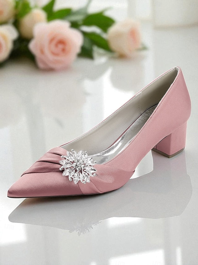 Block Heel Low Crystal Pumps Women's with White FashionChic