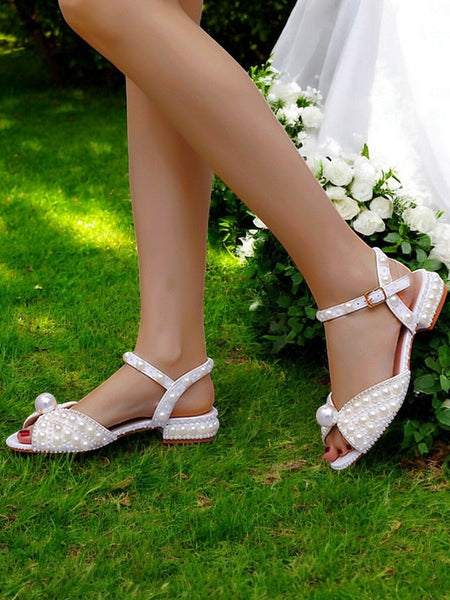 White Pearl-Embellished Heel Sandals Low – Women's FashionChic