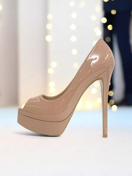 High Platform Black Patent Heels Peep Toe Leather Women's FashionChic