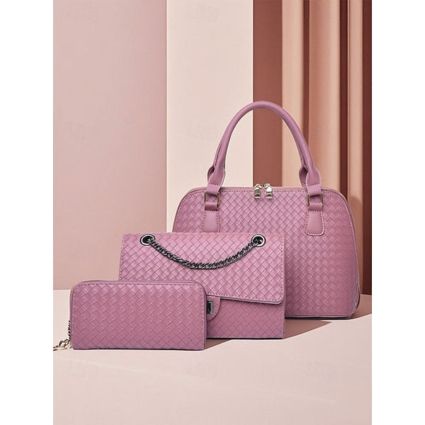 Handbag Set Brown Leather Women's Woven – 3-Piece Faux FashionChic