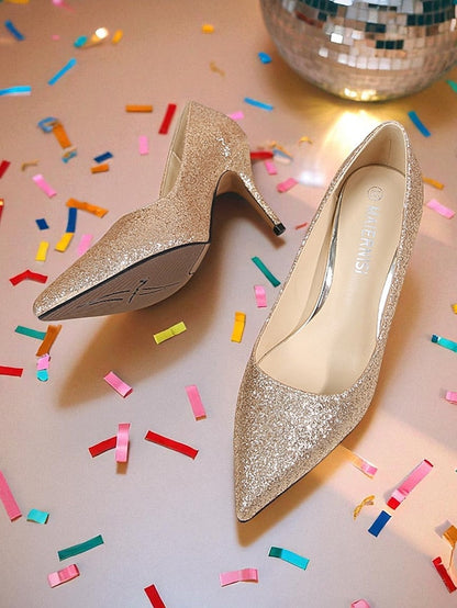 Sparkly Pumps Stiletto Pointed-Toe - Women's Glitter Gold FashionChic
