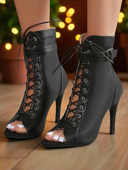 Heel Black Booties Stiletto Toe High - Women's Peep Lace-Up FashionChic