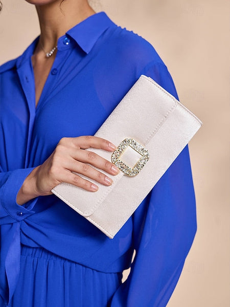 Elegant Buckle Rhinestone Women's Satin - White Clutch with FashionChic