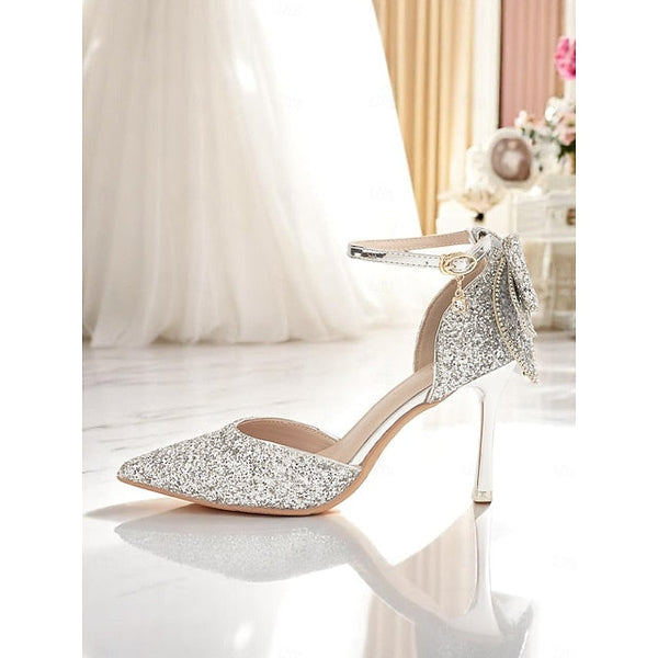 Glitter Bow Sparkly Heels - Pointed Women's Toe Silver FashionChic