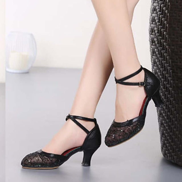 Low Women's Shoes – Mesh Heel Latin Dance Lace Silver FashionChic