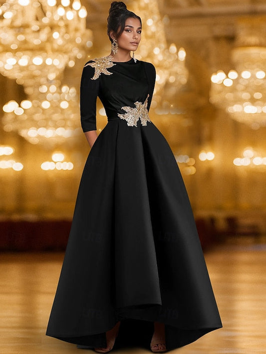 Floor Wedding Black Gown Tie Elegant Formal Dress A-Line Evening FashionChic