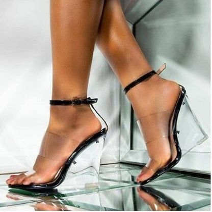Straps Women's Wedge Transparent Heels Gold with Clear and FashionChic