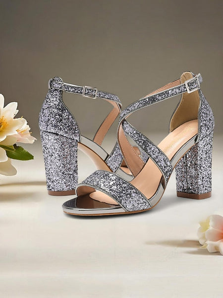 Women's Block Sandals Gold Heel Glitter FashionChic