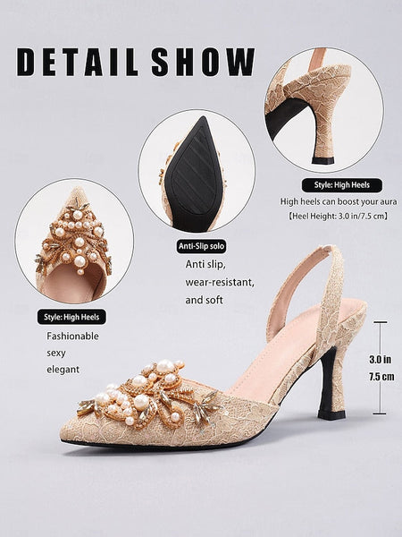 Heels Pearl Detailing Women's Satin Black - Slingback with FashionChic