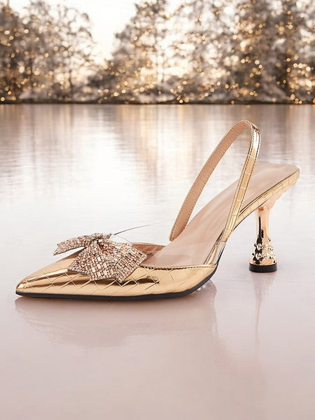 Bow Heels Quilted Gold Slingback with Women's Detail - FashionChic