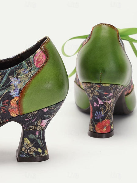 Mary Heels Green with Jane Women's Print Leather Floral FashionChic