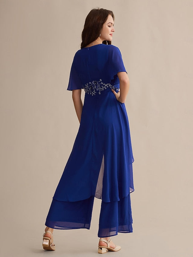 Embroidered Wedding Sequin Flare Guest Chiffon Blue Royal Cuff FashionChic