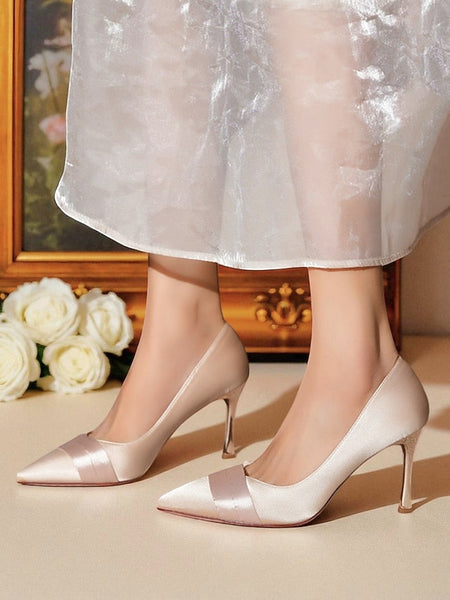 Pumps Women's Toe Heel - Dress High Pointed Satin Champagne FashionChic