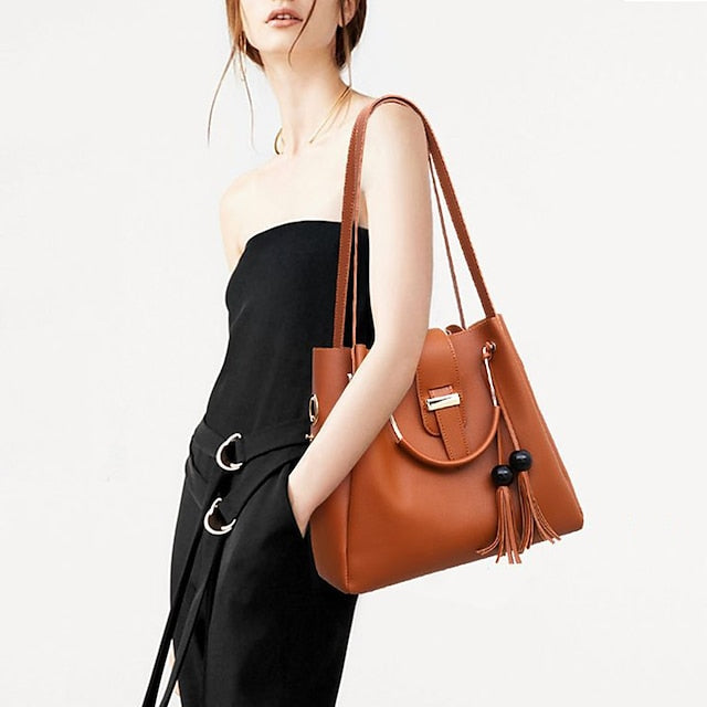 Tote Pink Leather - Handbag Faux Women's Set 3-Piece FashionChic