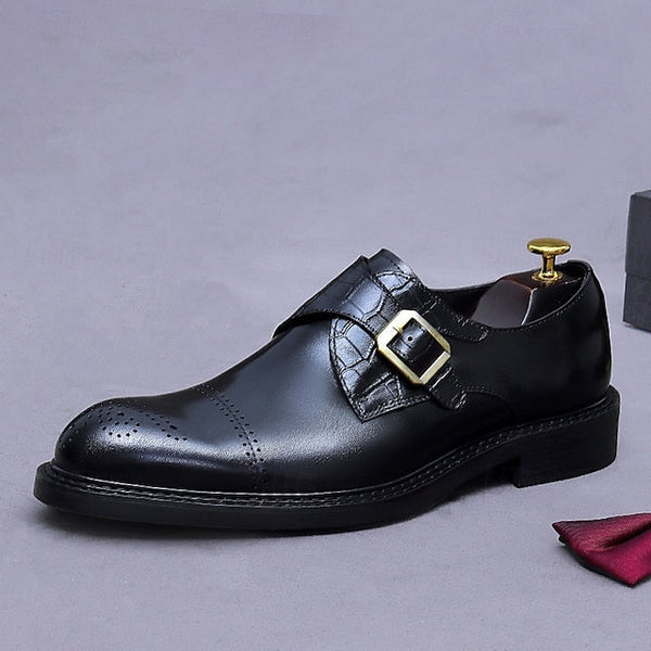 Dress Genuine Strap Black Men's Leather Monk First Shoes- FashionChic