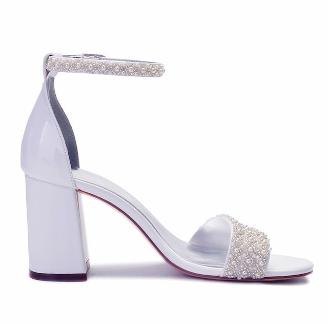 Women's Ankle Embellished White Ivory Block Pearl Strap FashionChic