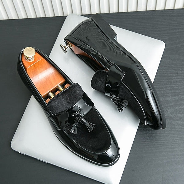 – Men's Black Faux Tassel Loafers Leather Patent Velvet FashionChic